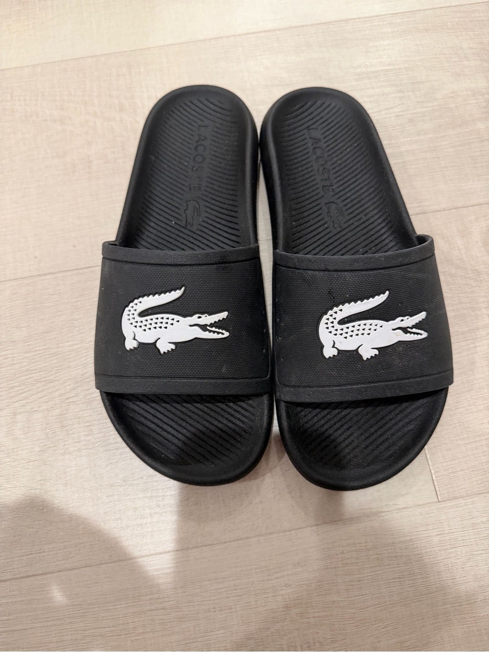 Lacoste Black Slides with White Crocodile Emblem women or men size 9